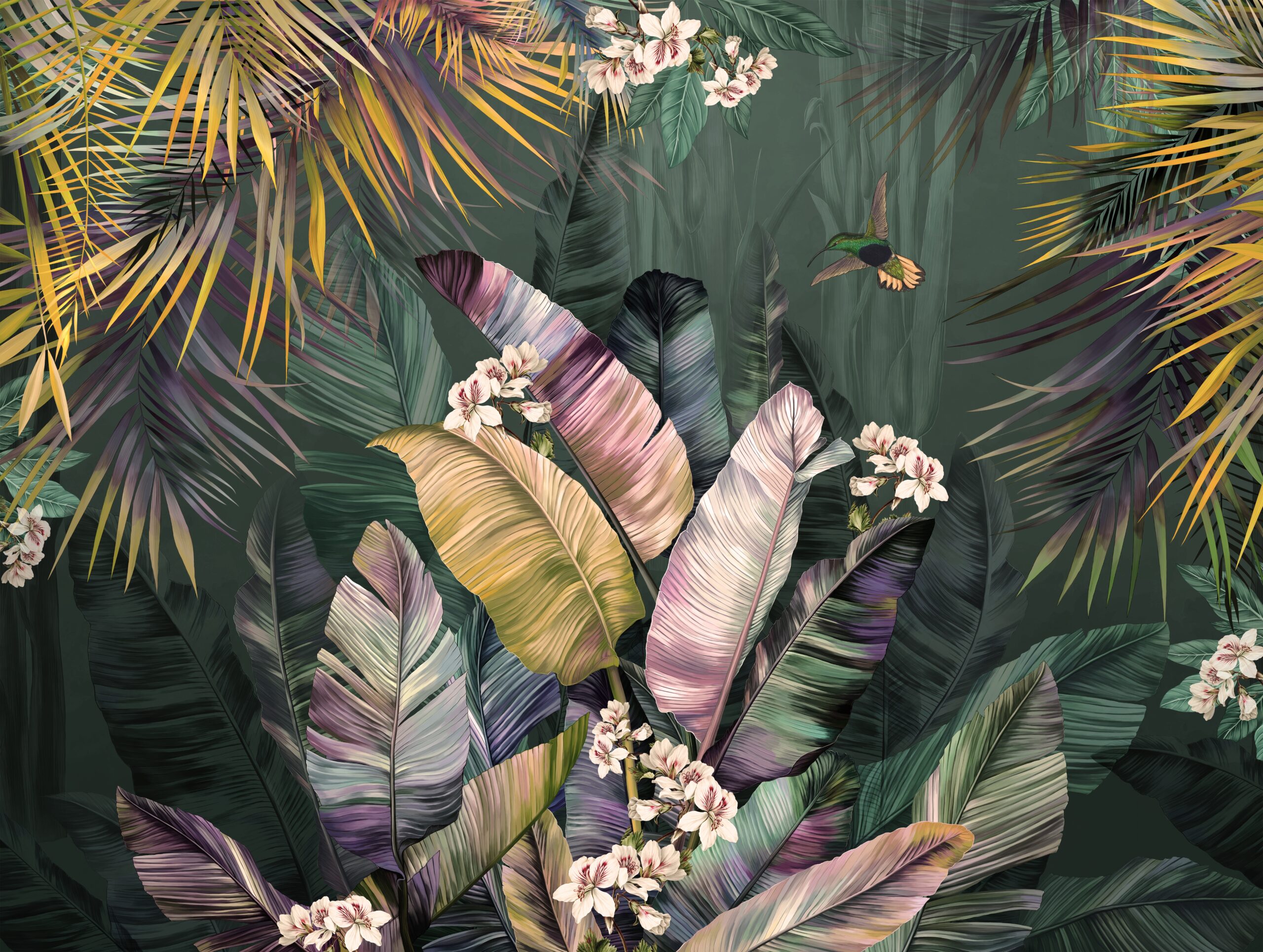 Tropical,Colorful,Leaves,On,Green,Background,With,Hummingbird,Bird,For