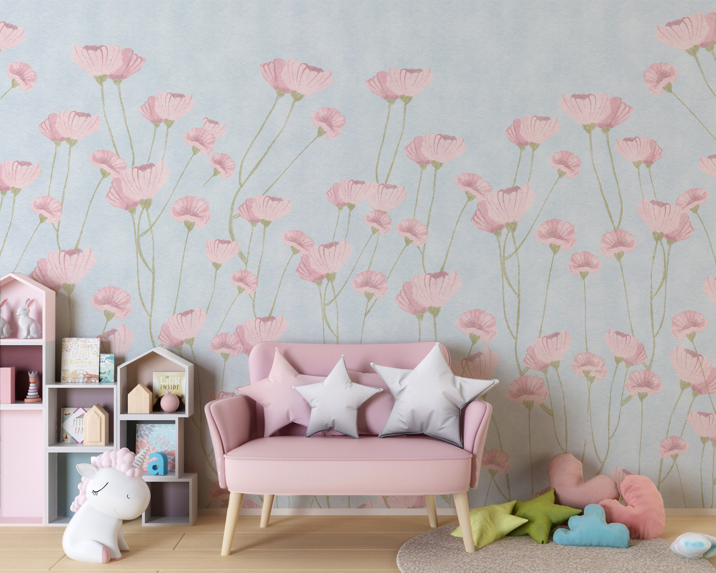 Photo Wallpaper Flori roz pe un fundal albastru