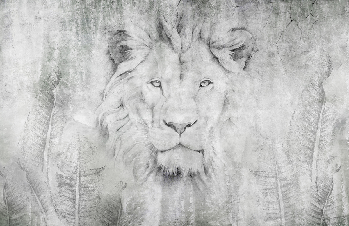 Beautiful,Lion,Head,With,Tropical,Leaves,In,The,Background.,Illustration