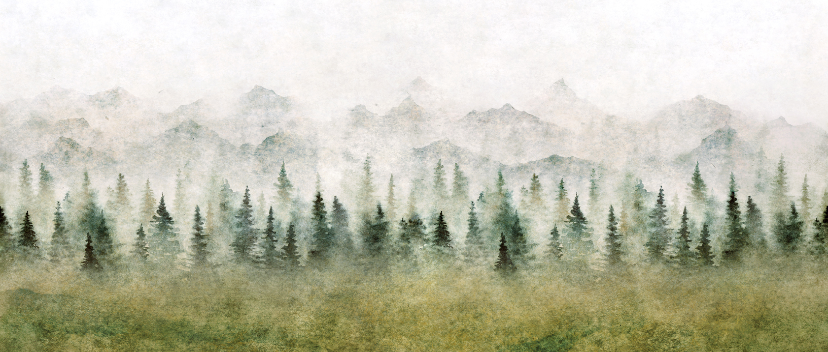 Watercolor landscape of forest and mountains. Wild nature backgr