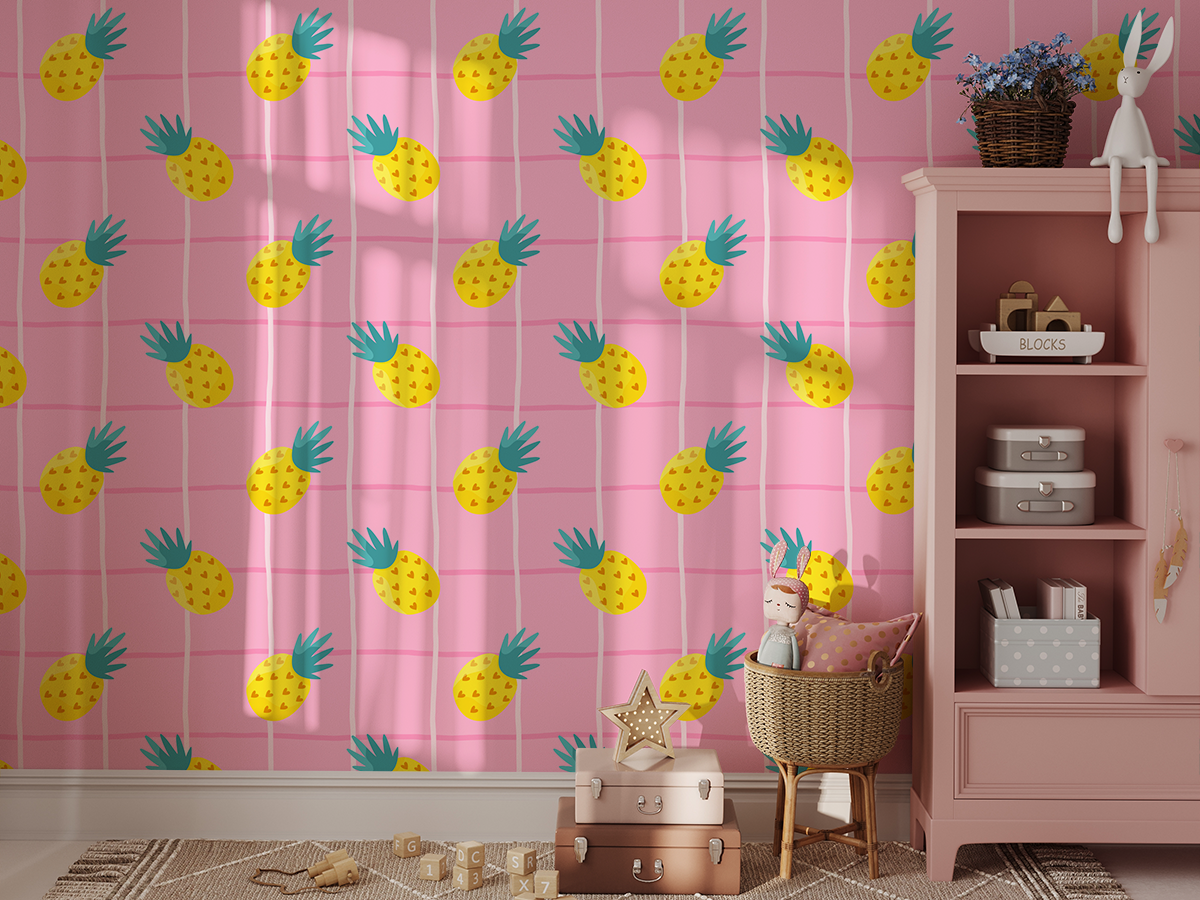 Fototapet Ananas galben pe carouri roz