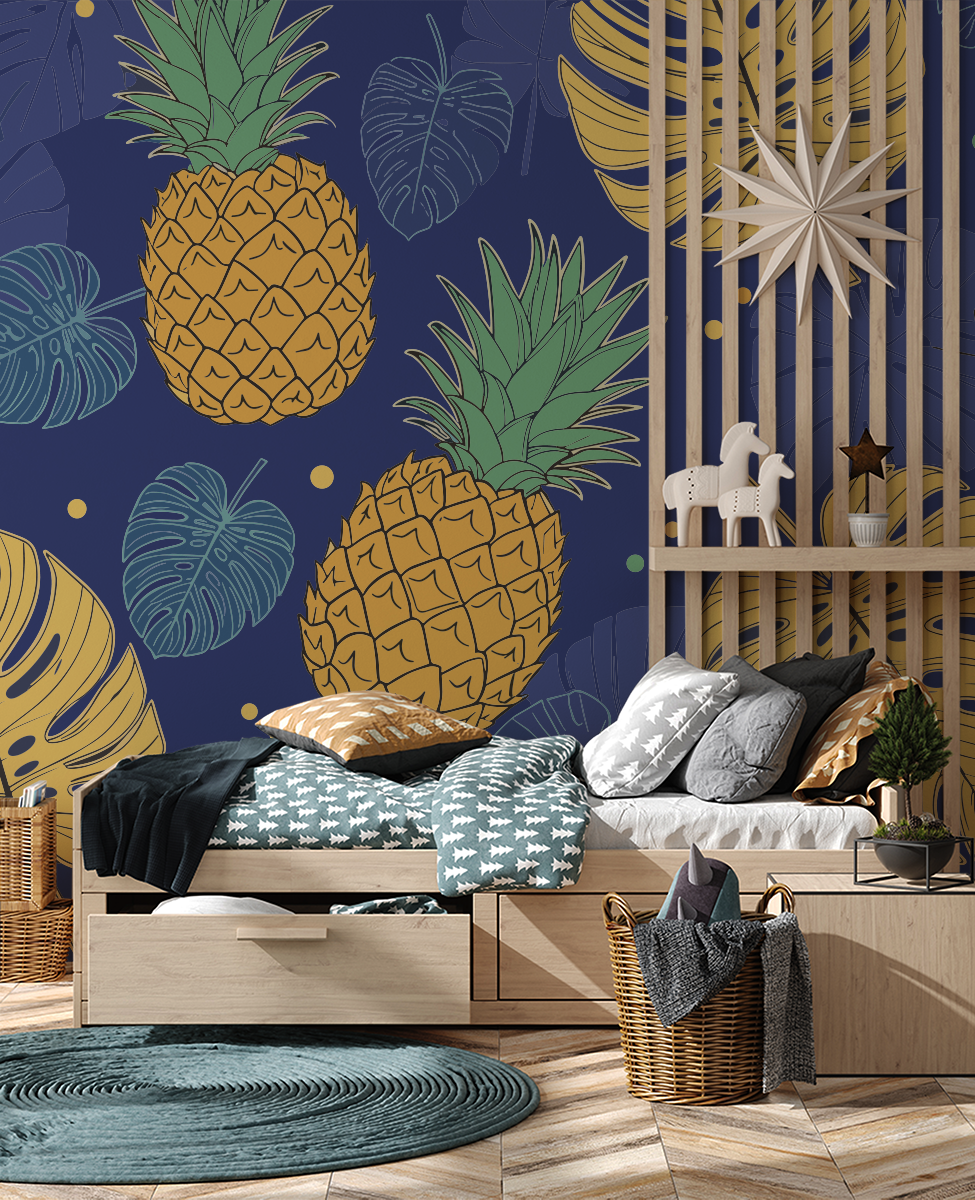 Fototapet Ananas galben și frunze pe un fundal bleumarin