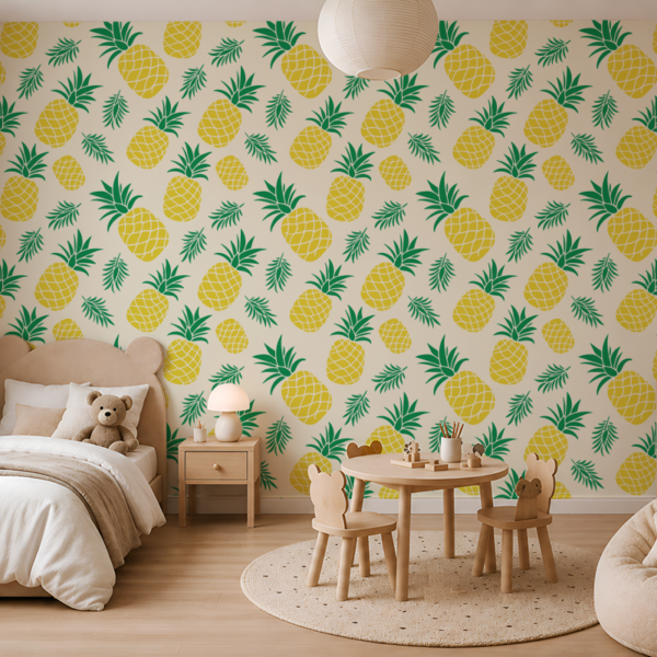 Fototapet Ananas galben și frunze verzi pe fundal bej