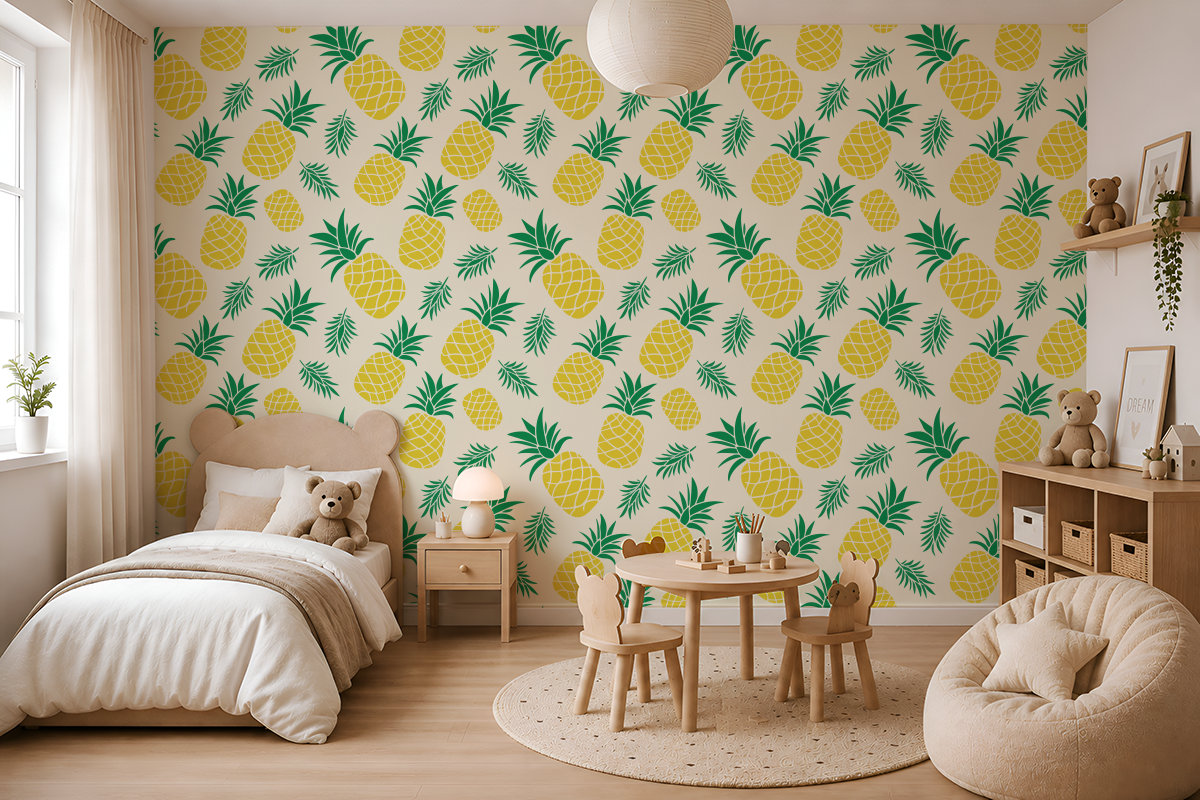 Fototapet Ananas galben și frunze verzi pe fundal bej
