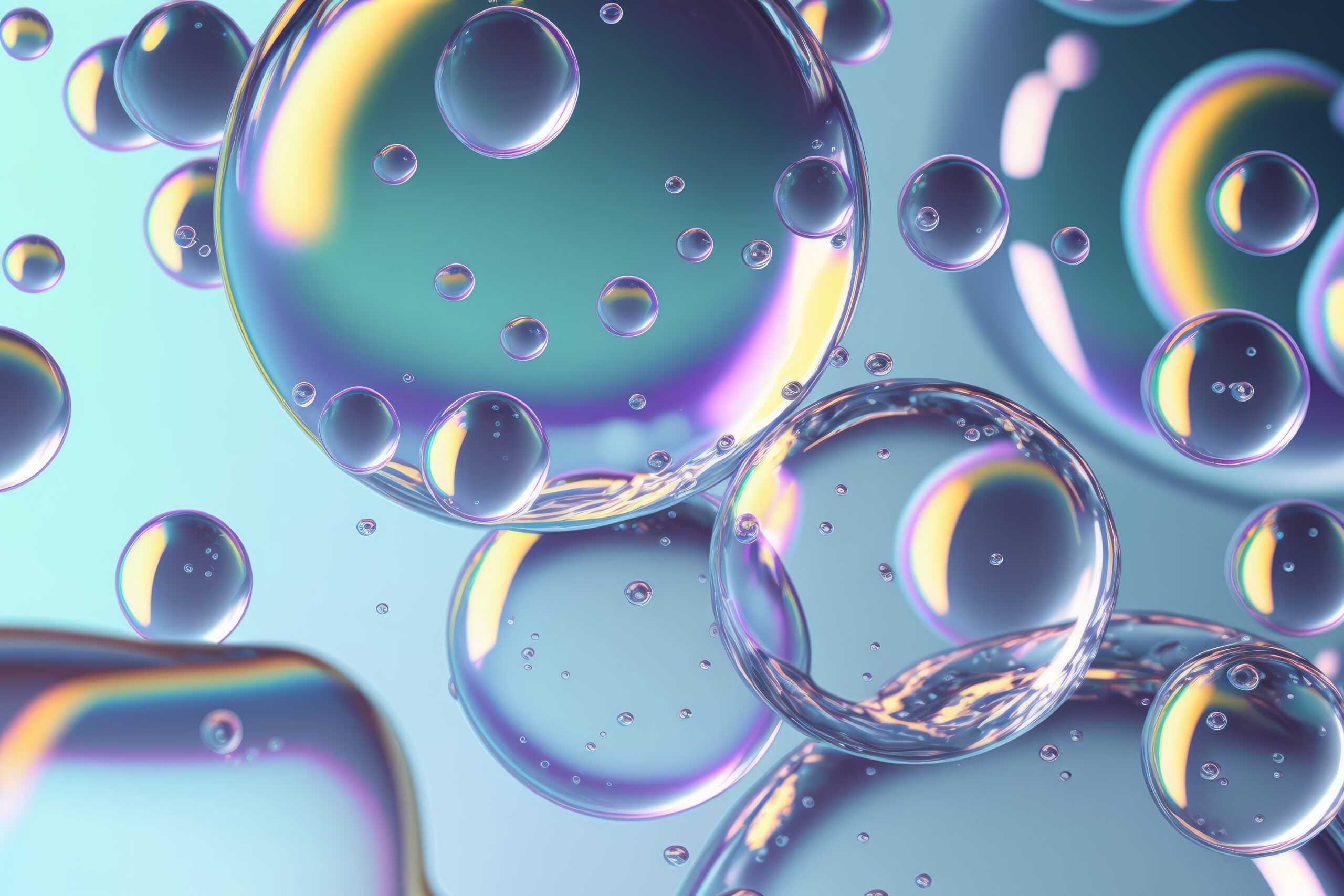 An abstract 3D render featuring translucent soap bubbles and glass balls, perfect as a decorative wallpaper.