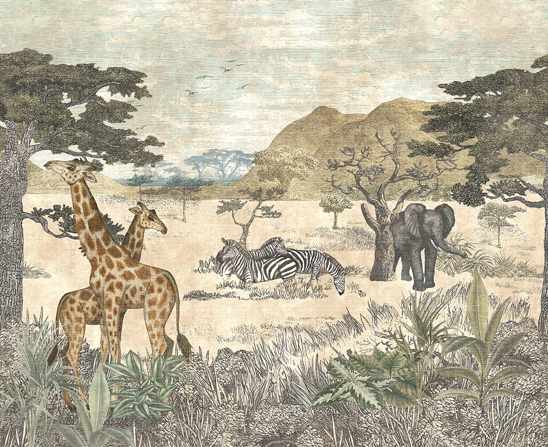 Beautiful,Tropical,Vintage,Trees,,Zebra,,Giraffe,,Elephant,,Leopard.,Hand,Drawn