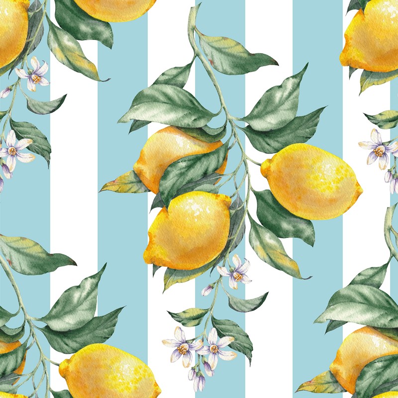 Lemon,Fruit,Branch,On,A,Classic,Blue,Striped,Background.,Seamless