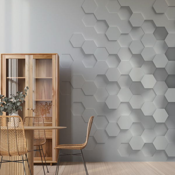 Fototapet Hexagone 3D – un fototapet gri cu model geometric