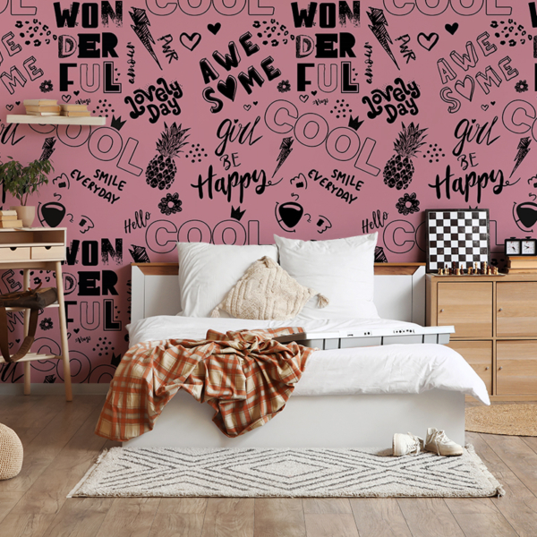 Fototapet Roz pentru tineret cu inscripții – Cool Wonderful Happy