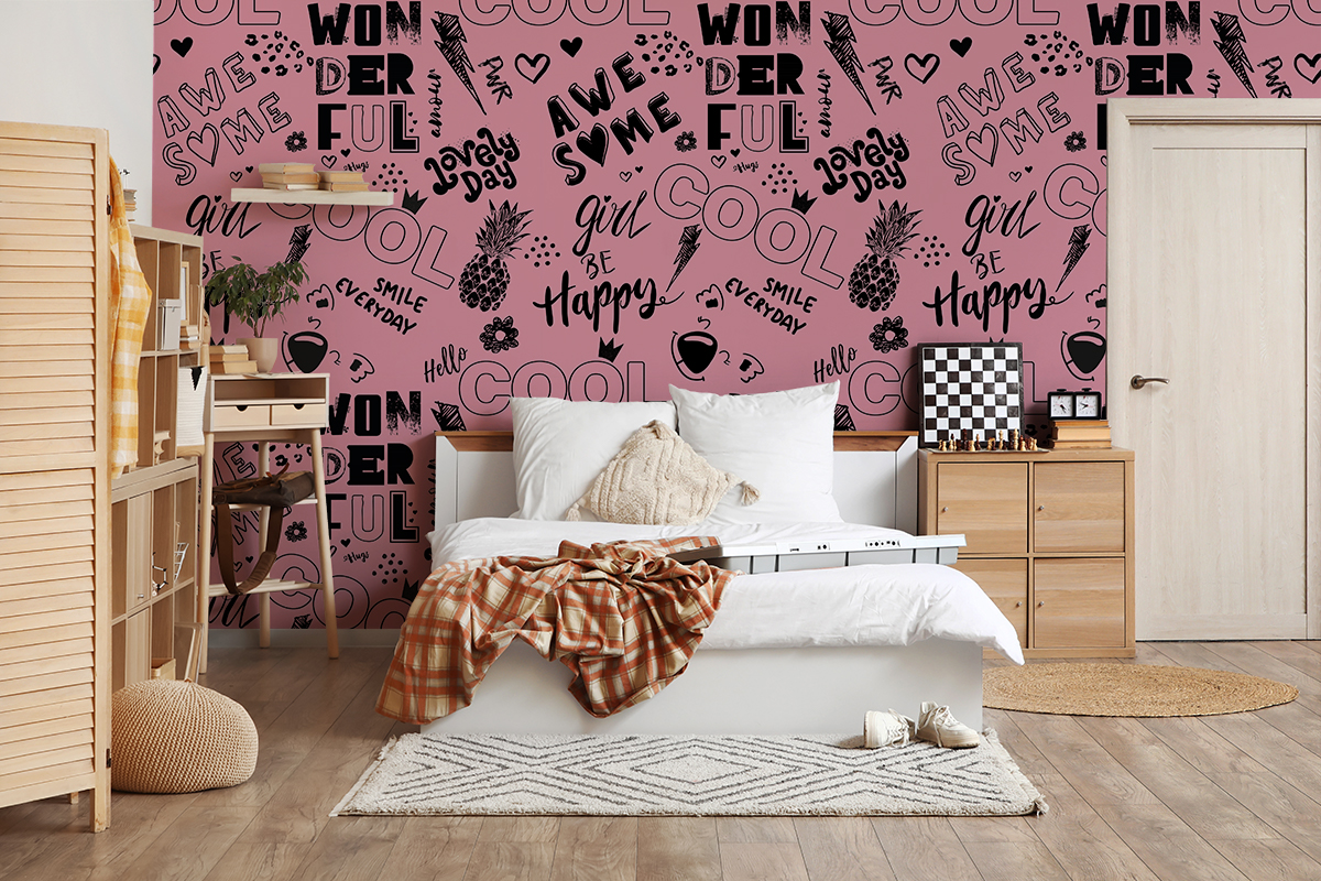 Fototapet Roz pentru tineret cu inscripții – Cool Wonderful Happy