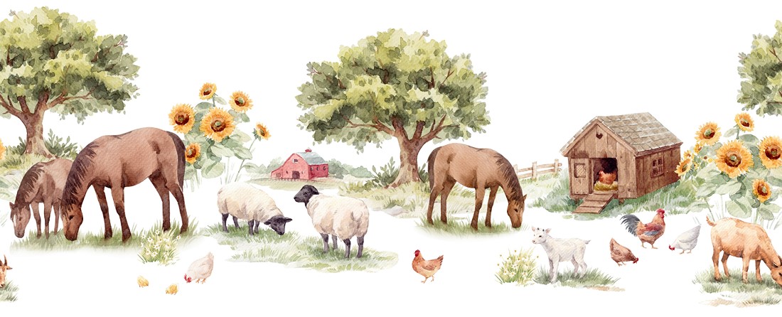 Watercolor,Farm,Animals,Seamless,Border,Pattern,Horizontal,Countryside,Scene,Nursery