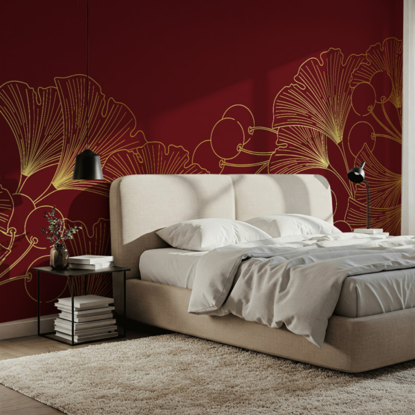 Fototapet Ginkgo auriu pe fundal burgund