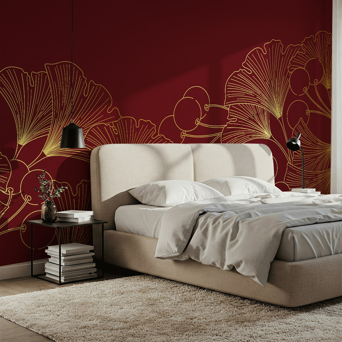 Fototapet Ginkgo auriu pe fundal burgund