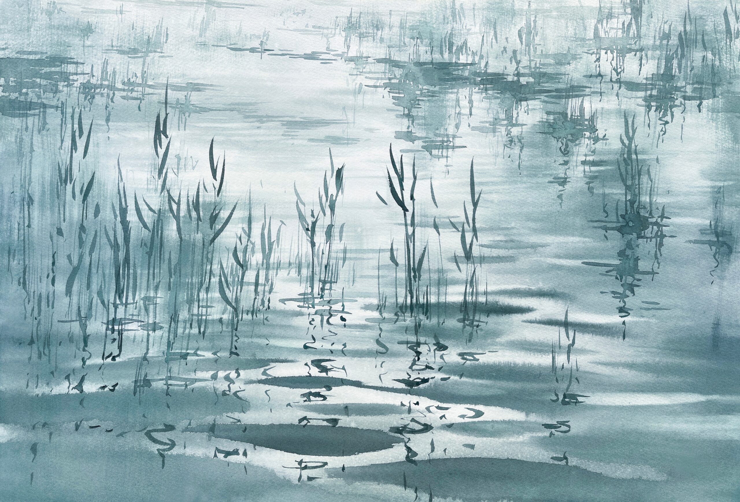 Waves,On,The,Lake,And,Grass,In,Grey,Watercolor,Background.